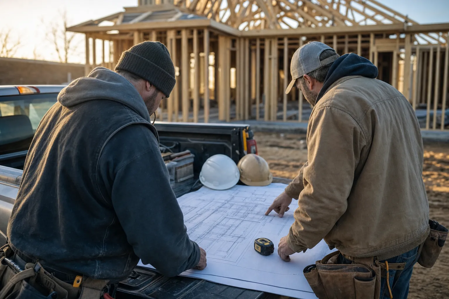 Two contractors reviewing project drawings on a truck tailgate at a job site