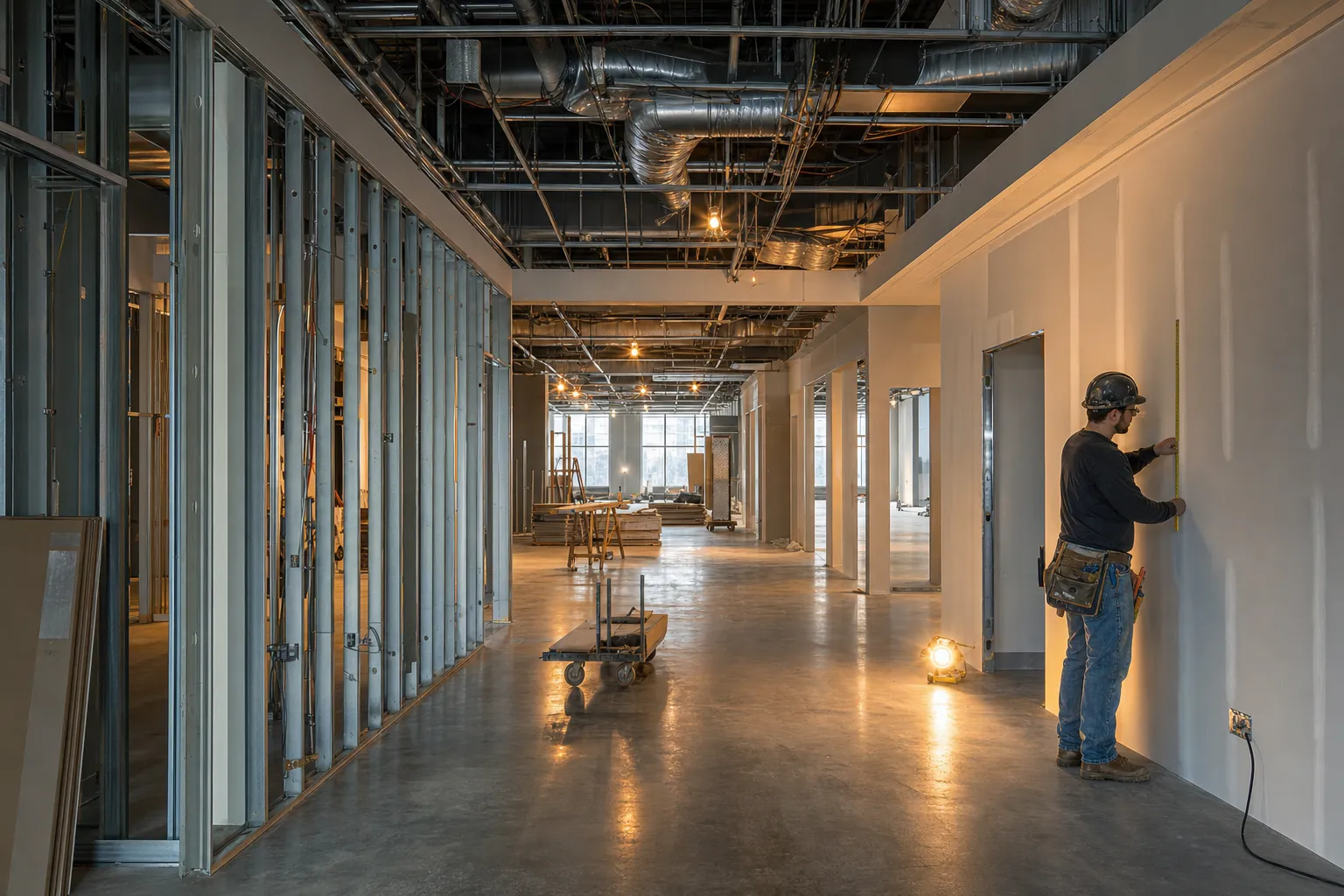 Interior of a commercial tenant build-out with metal stud framing and new drywall partitions