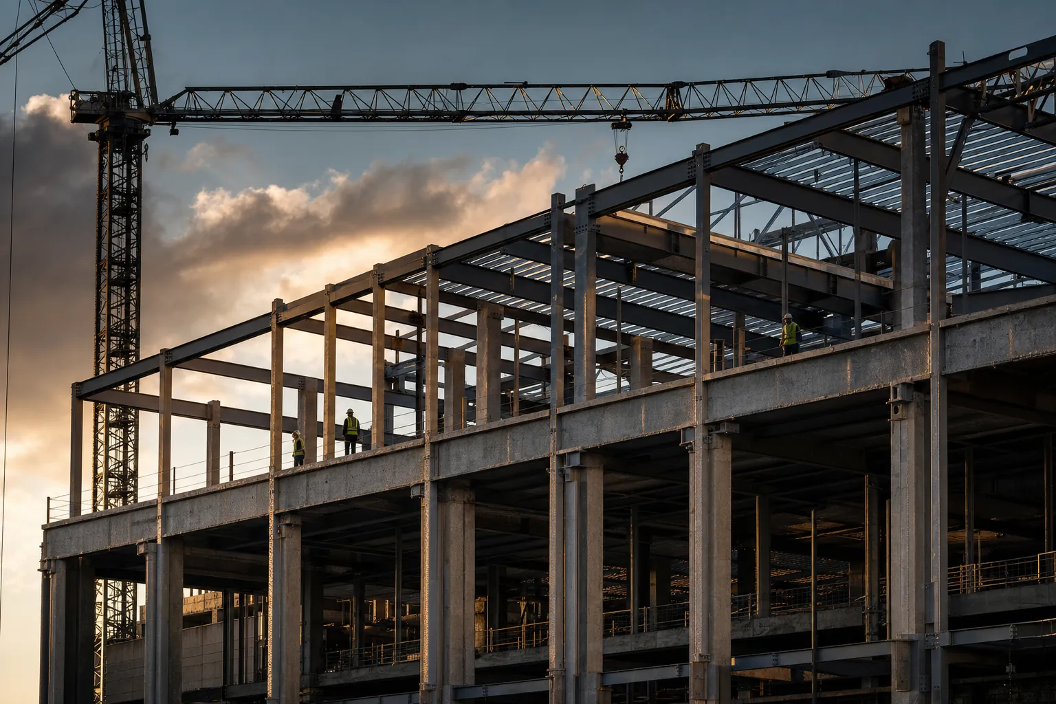 Structural steel frame of a commercial building under construction at golden hour