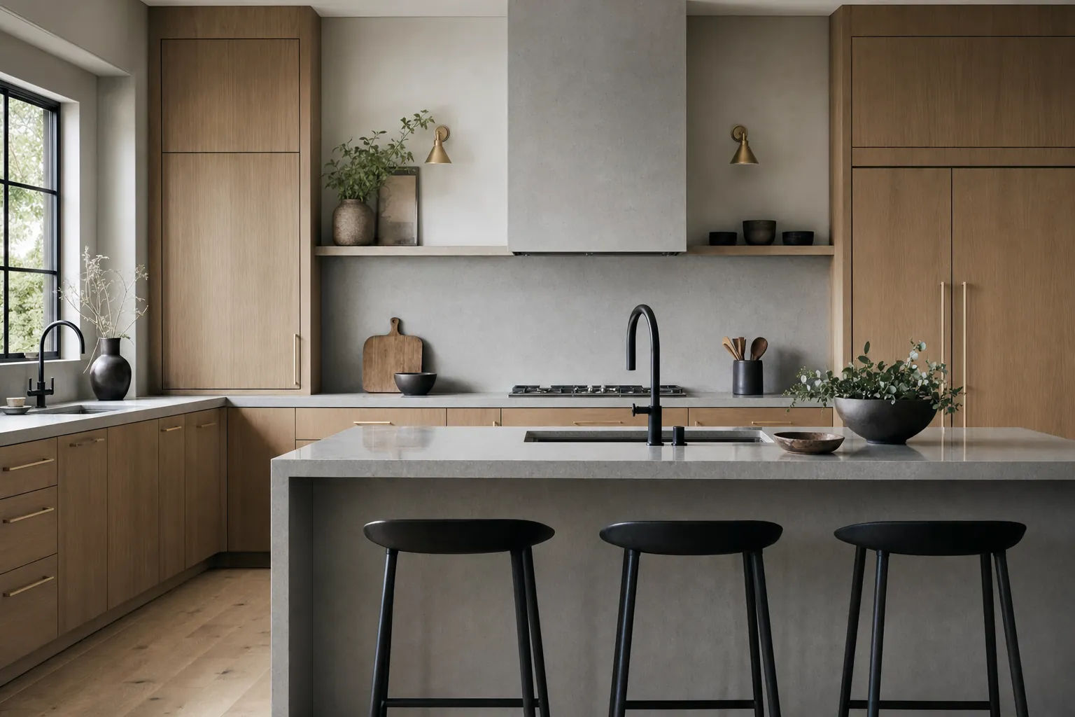 Completed kitchen remodel with oak cabinetry, quartz counters and matte black fixtures