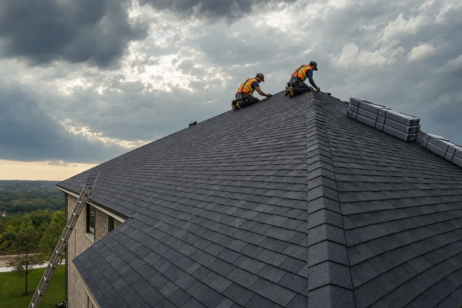 Roofers installing architectural shingles along the ridge of a large home under a stormy sky